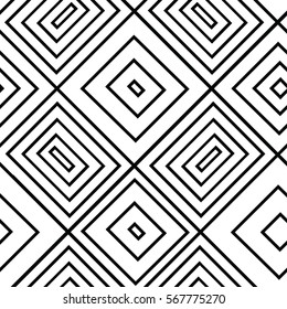 Abstract geometric psychedelic pattern. Hypnotic cube seamless texture. Ornament, ancient design with striped black line. Background optical art effect. Decoration tile, cover, fabric, print, badge.