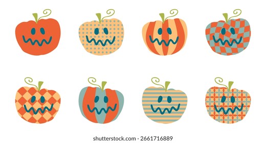 colección geométrica Abstractas de la cara de la calabaza jack-o-lantern. Impresión perfecta para carteles, tarjetas, camisas, pegatinas. Ilustración vectorial aislada para decoración y diseño.