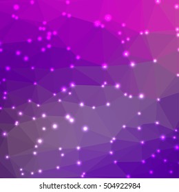 Abstract geometric purple background consisting of colored triangles with lights in corners. Low poly square format pattern.