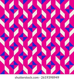 Abstract geometric quilt seamless vector pattern, patchwork background. Pink fuchsia cobalt blue