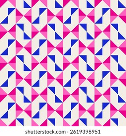 Abstract geometric quilt seamless vector pattern, patchwork background. Pink fuchsia cobalt blue
