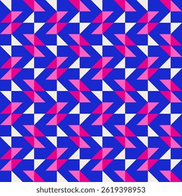 Abstract geometric quilt seamless vector pattern, patchwork background. Pink fuchsia cobalt blue