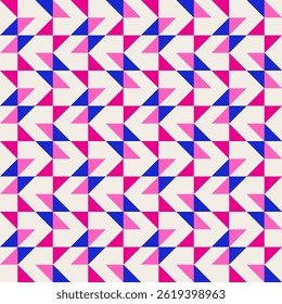 Abstract geometric quilt seamless vector pattern, patchwork background. Pink fuchsia cobalt blue