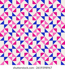 Abstract geometric quilt seamless vector pattern, patchwork background. Pink fuchsia cobalt blue