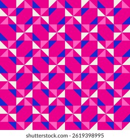 Abstract geometric quilt seamless vector pattern, patchwork background. Pink fuchsia cobalt blue