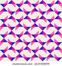 Abstract geometric quilt seamless vector pattern, patchwork background. Pink fuchsia cobalt blue