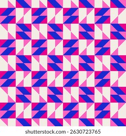 Abstract geometric quilt seamless vector pattern, patchwork background. Pink fuchsia cobalt blue