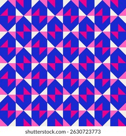 Abstract geometric quilt seamless vector pattern, patchwork background. Pink fuchsia cobalt blue