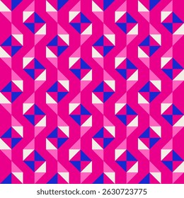 Abstract geometric quilt seamless vector pattern, patchwork background. Pink fuchsia cobalt blue