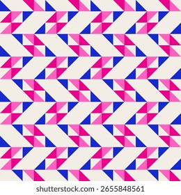 Abstract geometric quilt seamless vector pattern, patchwork background. Pink fuchsia cobalt blue