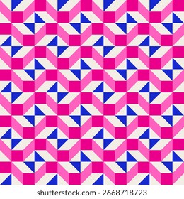 Abstract geometric quilt seamless vector pattern, patchwork background. Pink fuchsia cobalt blue