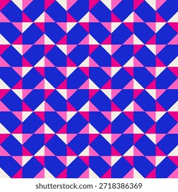 Abstract geometric quilt seamless vector pattern, patchwork background. Pink fuchsia cobalt blue
