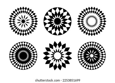 Abstract Geometric Radial Circle Patterns Set. Round Design Elements. Vector Art.