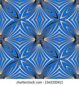 Abstract geometric radial flowers vector seamless pattern. Surface fractal flowers background. Ornamental blue repeat backdrop. Ornate design. Endless texture. For fabric, prints, wallpapers, tiles.
