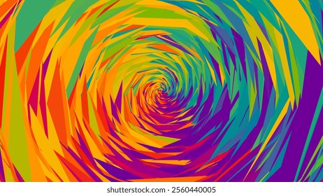 Abstract geometric rainbow gradient background made of triangles with spiral effect. Digital artwork modern twisted colorful design, blending optical illusion and polygonal design. Vector illustration