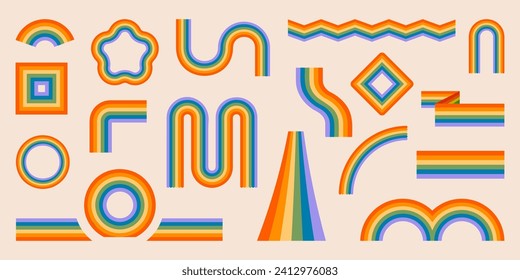 Abstract geometric rainbow shapes collection. Colorful trendy icon of rainbow. Retro groovy rainbow color striped. Rainbow shapes