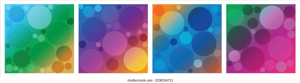 Abstract geometric random size circles bubbles pattern filled in square frame on multicolour gradient background. Vector illustration. 