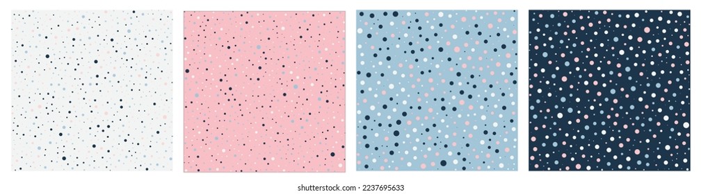 Abstract geometric random size multicolour circles polka dots in gray pink blue square frame seamless patterns. Vector illustration. 