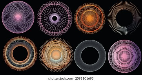 Abstract geometric rectangle, circle, line art, futuristic pattern icons element isolated on a dark background,and illustration
