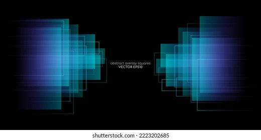 Resumen de rectángulo geométrico y líneas de superposición transparente con luz de gradiente verde violeta aislada en fondo negro. Fondo vectorial, pancarta en concepto moderno, tecnología, digital, ciencia.