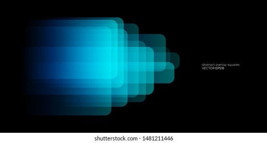 Abstract geometric rectangle shapes round corner transparent overlay with blue and green light colors isolated on black background. Vector illustration in concept innovation, technology, digital.