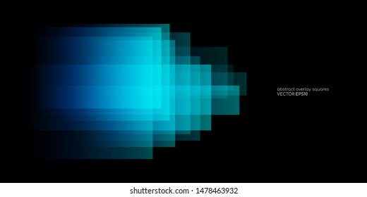 Abstract geometric rectangle shapes transparent overlay with blue and green light colors isolated on black background. Vector illustration in concept innovation, technology, digital.