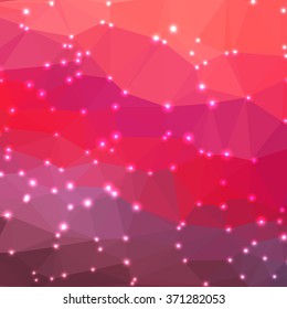Abstract geometric red background consisting of colored triangles with lights in corners. Low poly square format pattern.