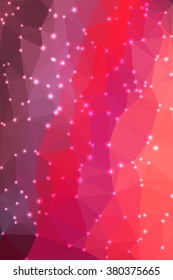 Abstract geometric red background consisting of colored triangles with lights in corners. Vertical format.