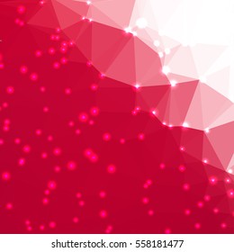 Abstract geometric red background consisting of colored triangles with lights in corners. Low poly square format pattern.