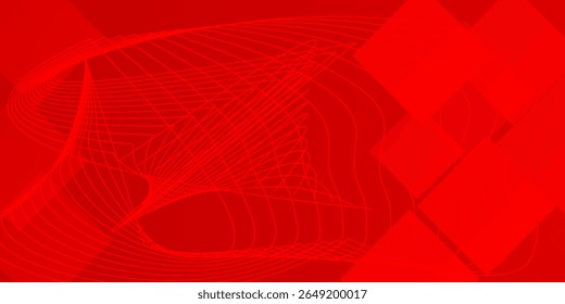 Abstract geometric red background with dynamic curved lines, overlapping translucent squares, and vibrant gradient shapes. Modern digital art style ideal for technology, 