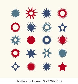 Abstract geometric red, blue, gray star-shapes, icons collection, white background, vector elements.