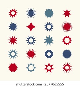 Abstract geometric red, blue, gray star-shapes, icons collection, white background, vector elements.