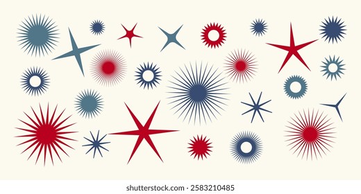 Abstract geometric red blue gray star-shapes, icons collection, white background, vector elements.