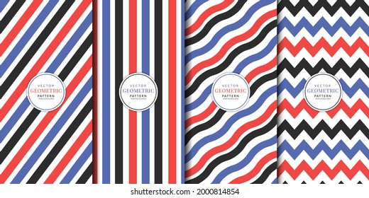 Abstract geometric red and blue stripes seamless pattern set. Horizontal and zigzag stripe wallpaper. Red, blue, black lines background collection.