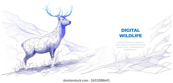 Veado vermelho geométrico abstrato em estilo moderno de arames de baixa polia. Perfeito para o conceito da vida selvagem da tecnologia, o pôster da natureza digital e a Web. Veados Minimalistas Estão Em Pé Na Encosta Da Montanha. Ilustração de vetor