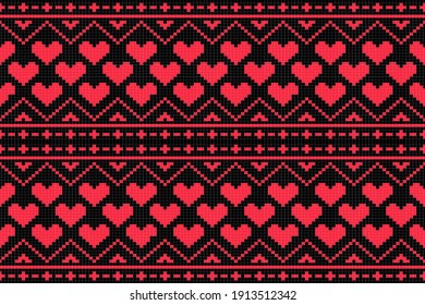 Abstract geometric red heart shape background seamless pattern.
