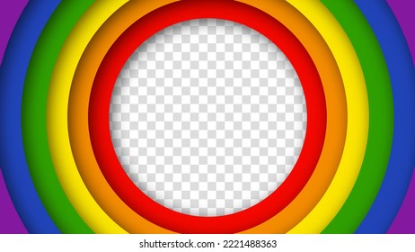 Abstract geometric red, orange, yellow, green, blue and purple circles lgbtq color background. Lgbt Pride History Month color background with copy space for text. Transparent vector illustration.