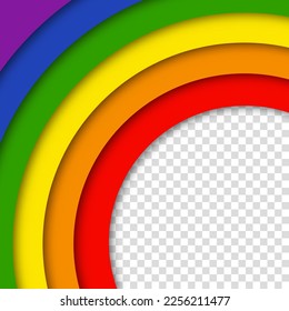 Abstract geometric red, orange, yellow, green, blue and purple circles lgbtq color background. Lgbt Pride History Month color background with copy space for text. Transparent vector illustration.