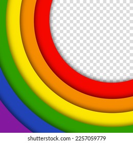 Abstract geometric red, orange, yellow, green, blue and purple circles lgbtq color background. Lgbt Pride History Month color background with copy space for text. Transparent vector illustration.