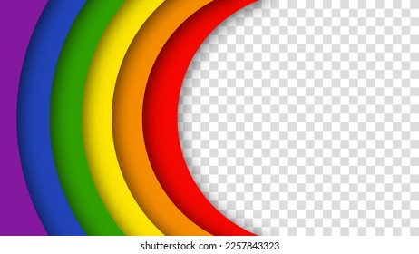 Abstract geometric red, orange, yellow, green, blue and purple circles lgbtq color background. Lgbt Pride History Month color background with copy space for text. Transparent vector illustration.
