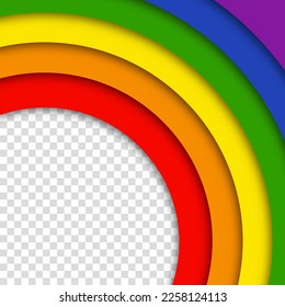 Abstract geometric red, orange, yellow, green, blue and purple circles lgbtq color background. Lgbt Pride History Month color background with copy space for text. Transparent vector illustration.