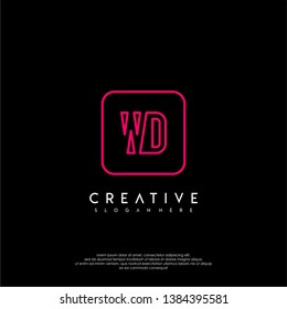 abstract geometric red rounded square modern lines neon light WD logo letter design concept