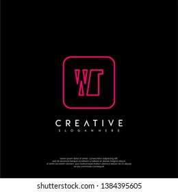 abstract geometric red rounded square modern lines neon light WT logo letter design concept