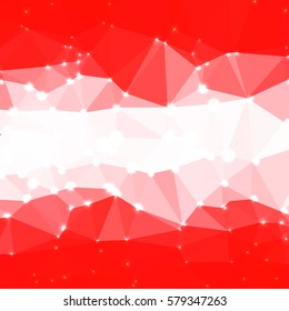 Abstract geometric red and white background consisting of colored triangles with lights in corners. Low poly square format pattern.