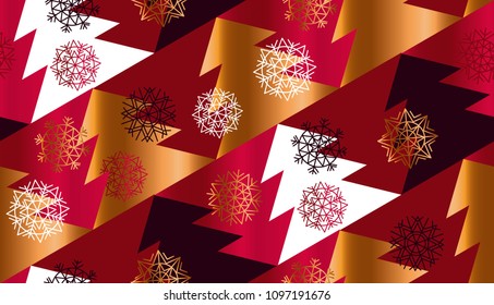 Abstract geometric red xmas tree seamless pattern. Christmas snowflakes and trees element for background, wrapping paper, fabric. Endless repeatable motif for surface design