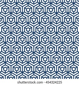 Abstract geometric repeatable blue and white hexagon seamless pattern design background editable vector file. Polygonal linear grid from striped elements.