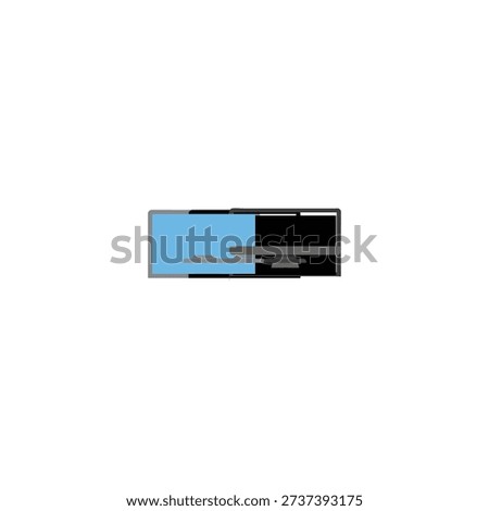 Abstract geometric representation of a train with blue and black shapes