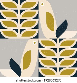 Abstract geometric retro inspired vector seamless pattern.Stylized bird, leaves and flowers in pastel colors. Simple background in traditional decorative folk art scandinavian style.Isolated texture
