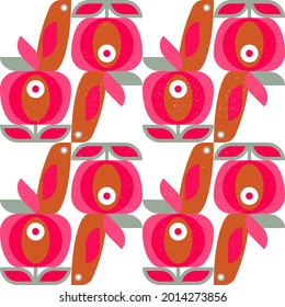 Abstract geometric retro inspired vector seamless pattern.Stylized bird, leaves and flowers in pastel colors. Simple background in traditional decorative folk art scandinavian style.Isolated texture
