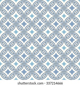Abstract geometric retro pattern, lines, circles and diamond shaped stars.  Seamless vector background. Plain colors - easy to recolor.